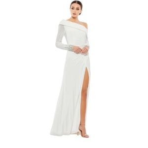 MAC DUGGAL 12231 One Shoulder Long Sleeve Jersey Gown jewel accented cuff 14
